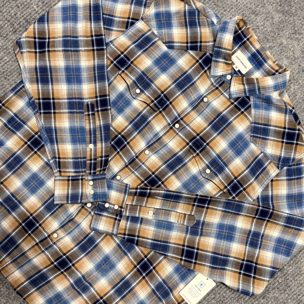 Lucky Brand‎ Mens XXL Western Pearl Snap Plaid Shirt Blue Tan Long Sleeve NEW